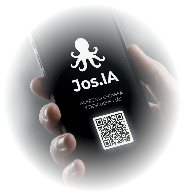 Mano sosteniendo un celular que muestra la tarjeta digital de Jos.IA con un código QR