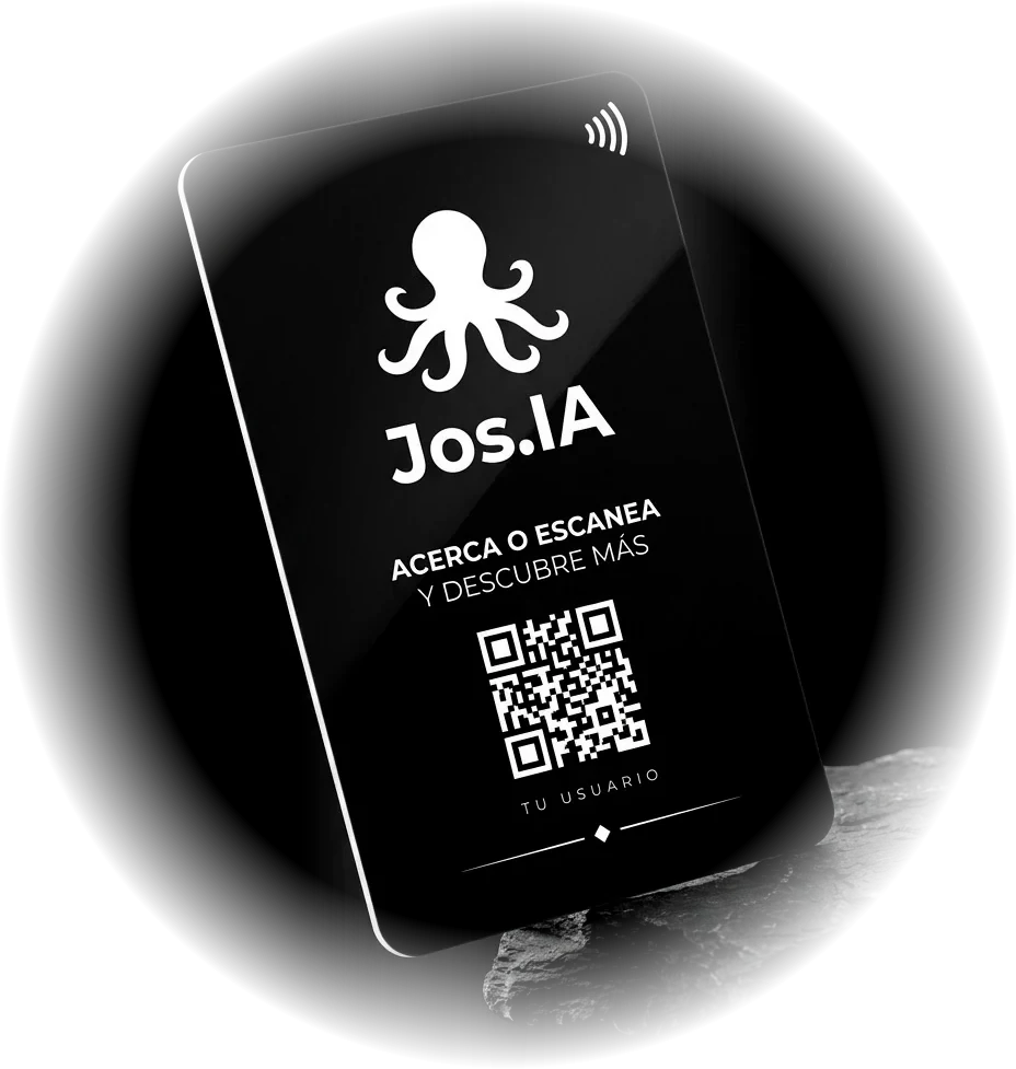 Tarjeta NFC negra de Jos.IA con el pulpo blanco y un código QR, apoyada sobre una roca oscura
