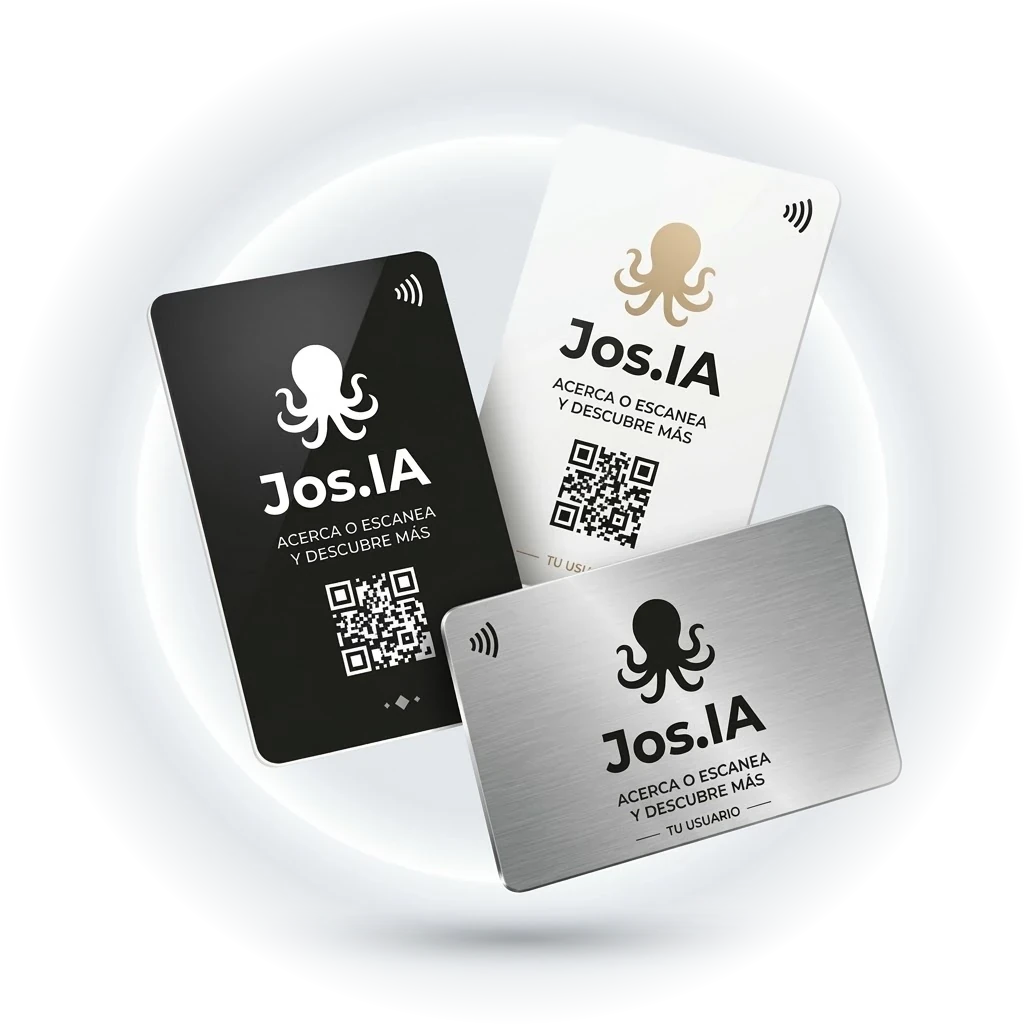 Tres modelos de tarjeta NFC de Jos.IA: clásica negra, clásica blanca y de aluminio cepillado